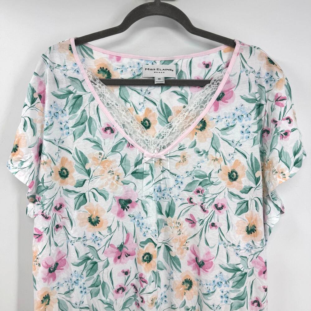 Miss Elaine Floral Nightgown 3X 2X 100% Cotton Short Sleeve Lightweight Lace - Picture 2 of 7